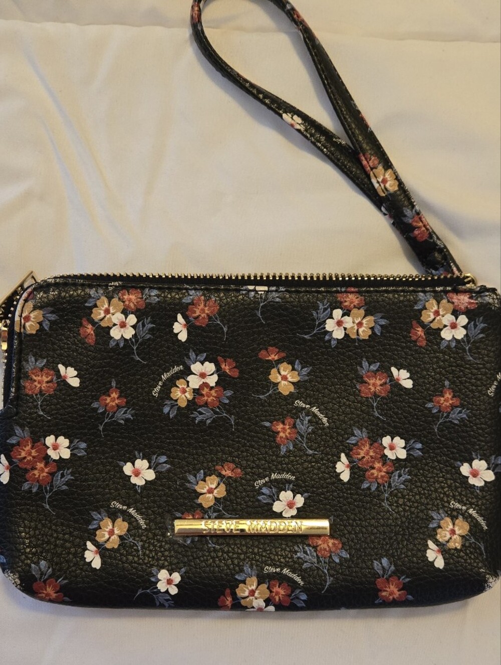 Steve Madden Black Floral Zip Wristlet Clutch with Gold Hardware